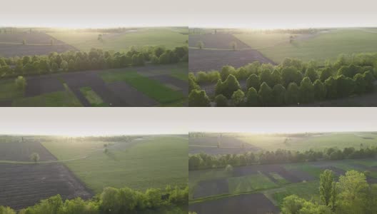 空中全景视频全高清从无人机，鸟瞰抽象几何形式的废弃跑道，森林和农田在夏季傍晚日落。高清在线视频素材下载