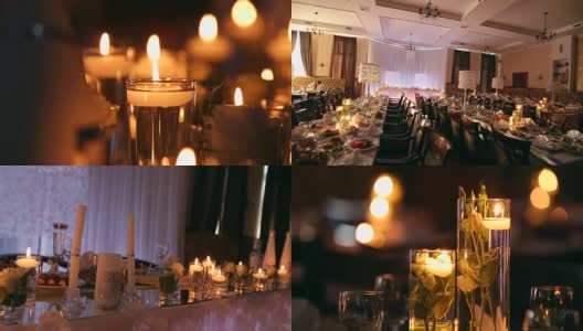 夹包,序列。婚礼宴会厅的室内细节与餐厅的餐桌布置相结合。蜡烛和白色花瓣用玫瑰装饰在玻璃花瓶里高清在线视频素材下载