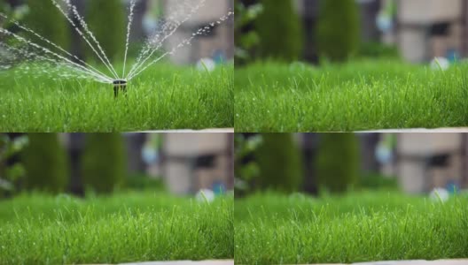 花园的草浇水。智能花园激活全自动喷灌系统工作在绿地公园，浇灌草坪，花木与头部旋转高清在线视频素材下载