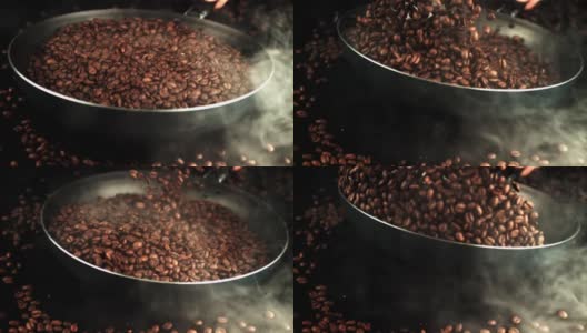 在热锅中以超级慢的速度搅拌咖啡豆。用高速摄像机以每秒1000帧的速度拍摄。高清在线视频素材下载