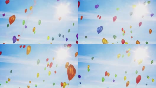 动画的多个爱的心气球在蓝天的背景高清在线视频素材下载