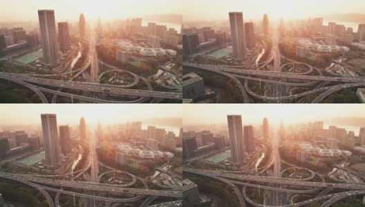 日落时分杭州高架公路鸟瞰图高清在线视频素材下载