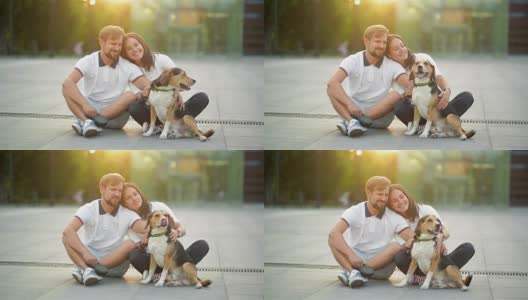 户外肖像相爱的夫妇享受夏天日落与比格尔狗坐在城市广场高清在线视频素材下载