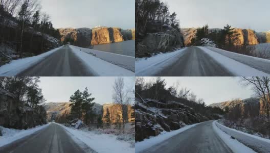 雪中行驶的POV汽车:在挪威的峡湾高清在线视频素材下载