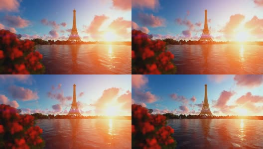 巴黎塞纳河，埃菲尔铁塔映衬着美丽的夕阳高清在线视频素材下载