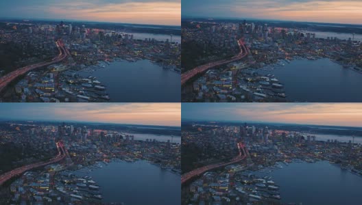 西雅图南湖联盟空中俯瞰城市天际线戏剧性的天空高清在线视频素材下载