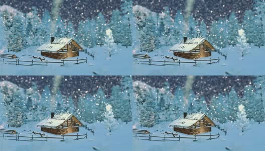 雪夜山上舒适的小茅屋高清在线视频素材下载