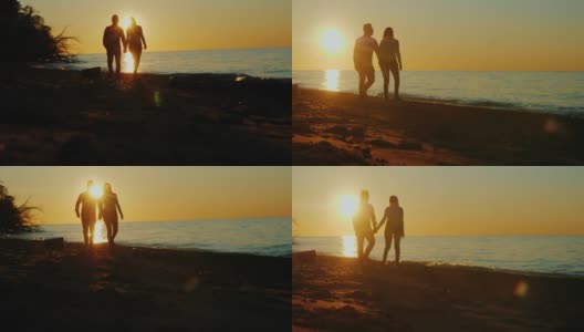 日落时分，在海边或湖边散步的情侣剪影。美丽的阳光。亚洲男人和白人女人高清在线视频素材下载