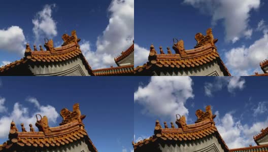 中国北京一座佛教寺庙屋顶的传统装饰高清在线视频素材下载