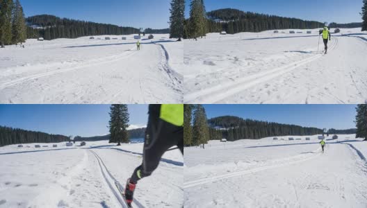 越野滑雪者在冬季滑雪轨道上滑行高清在线视频素材下载