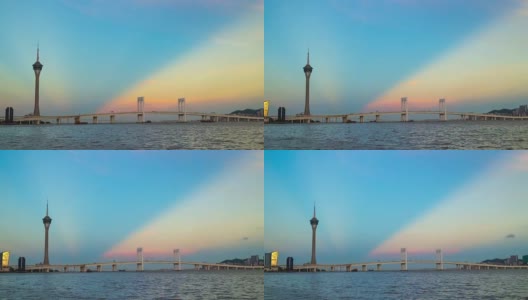 中国日落光珠海湾澳门塔桥全景4k时间高清在线视频素材下载