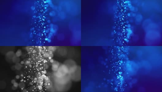 神奇的蓝色发光粒子在粘性液体中流动，闪闪发光。科幻小说。4k 3d科幻背景闪烁粒子，景深和散景。光磨作为alpha通道。28高清在线视频素材下载