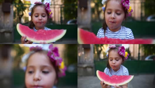 邋遢的孩子夏天在户外吃西瓜高清在线视频素材下载