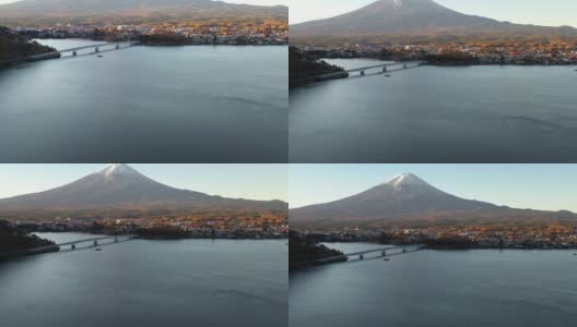 黎明时分富士山和川口湖的鸟瞰图高清在线视频素材下载