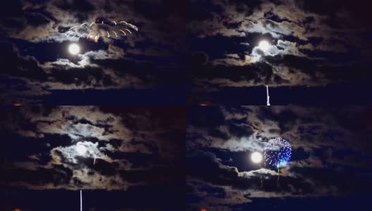 美丽的烟花表演在独立日满月和云移动高清在线视频素材下载