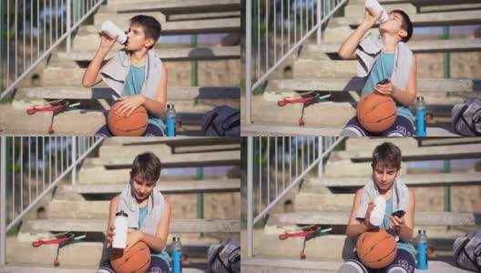男孩篮球训练后的冷静高清在线视频素材下载