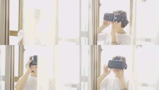 在家使用虚拟现实头盔的女人高清在线视频素材下载