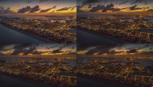 迈阿密，佛罗里达，美国- 2019年1月:无人机全景图飞行迈阿密。日落在南海滩和中海滩高清在线视频素材下载