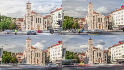 波黑萨拉热窝，Titova街圣约瑟夫教堂前的城市交通和人行横道上的行人时间发生了变化高清在线视频素材下载