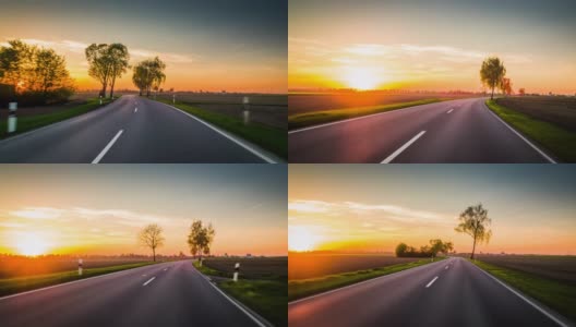 在夕阳西下的乡村道路上开车高清在线视频素材下载