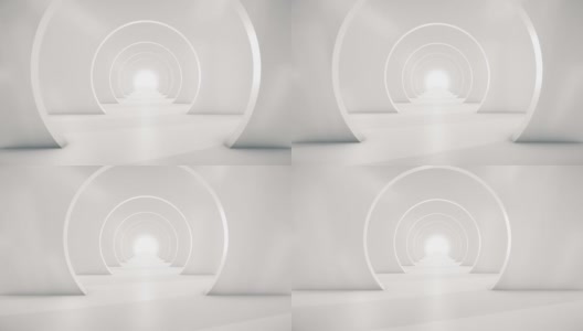 穿越未来的白色隧道。抽象的3 d动画。照明廊道、室内设计、宇宙飞船、科学、实验室、技术、科学、建筑、工业的概念高清在线视频素材下载