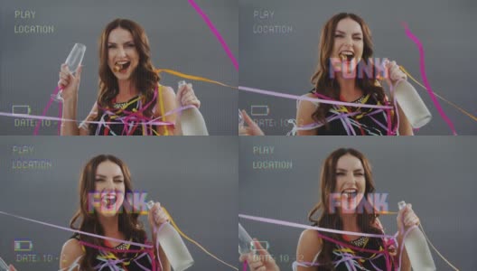 动画的放克文本在摄像机屏幕上与数码界面拍摄微笑的女人在聚会高清在线视频素材下载