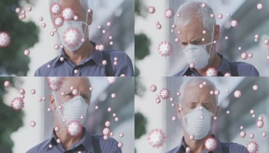 戴着口罩的老人身上的新冠病毒细胞动画高清在线视频素材下载