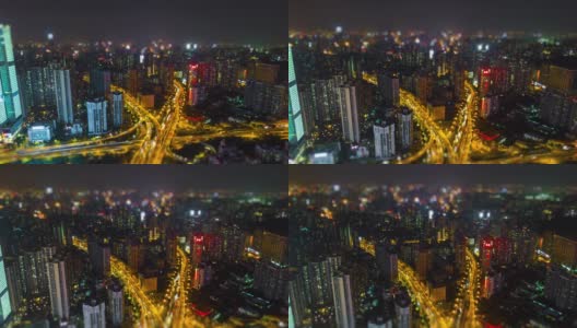 夜间时间照亮广州市景交通路口空中倾斜移位全景4k时间间隔中国高清在线视频素材下载