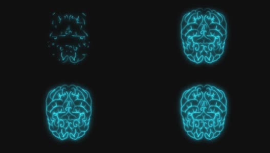 2D动画，闪烁的蓝色霓虹灯形成了人类大脑的结构。在黑色背景上显示神经网络的燃烧线。智能的概念，内脏，医学，解剖学。高清在线视频素材下载