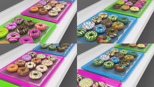 传送带上的彩色甜甜圈可循环托盘(3d渲染)高清在线视频素材下载