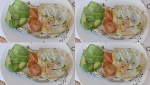 牛油果番茄鸡蛋绿洋葱吐司黄油早餐三明治高清在线视频素材下载