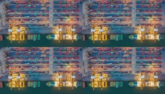 航拍东南亚工业港口与集装箱船在夜间的延时或延时高清在线视频素材下载