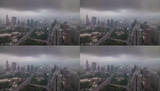 中国暴雨雨天天空上海城市景观屋顶全景4k时间推移高清在线视频素材下载
