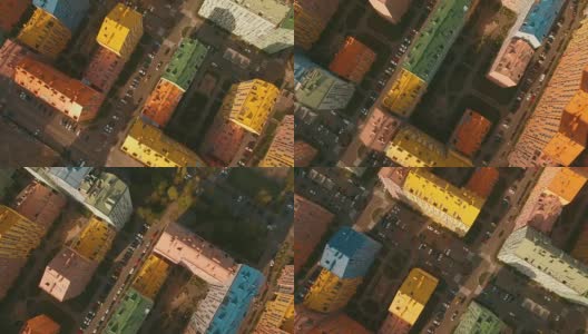 俯视图在一个欧洲城市舒适舒适的彩色建筑4K超高清天线高清在线视频素材下载