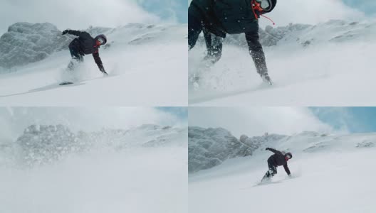 SLO MO专业滑雪板在坡上雕刻高清在线视频素材下载