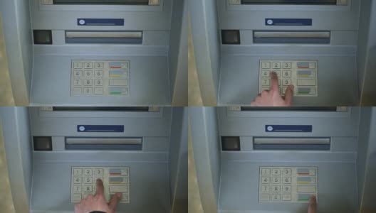 男人在ATM键盘上输入密码，银行交易俯视图，钱高清在线视频素材下载