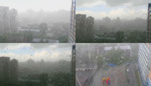 在暴风雨天，雨滴落在窗户上，城市天际线在背景中高清在线视频素材下载