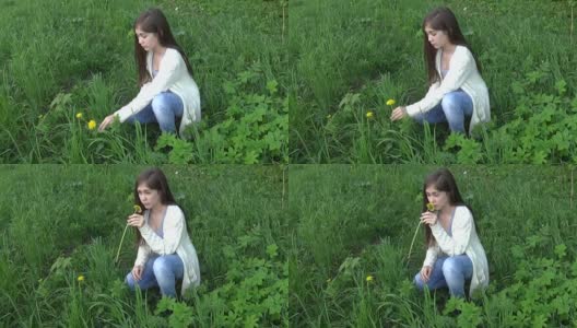 女孩摘了一朵蒲公英花，在草地上嗅着。春季的一天。美丽的微笑少年在春天的公园与鲜花。视频片段高清静态摄像机高清在线视频素材下载