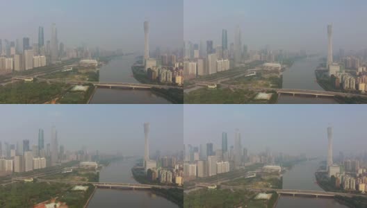 阳光明媚的傍晚广州市区交通大桥著名铁塔河边航拍全景4k中国高清在线视频素材下载