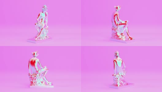 旋转翼全息彩虹水银神雕塑无缝循环动画背景，闪亮明亮的赫尔墨斯希腊神话古董雕像3d渲染动画高清在线视频素材下载