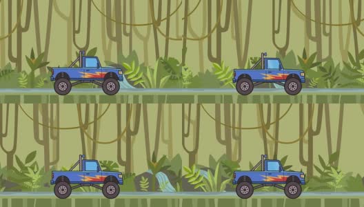 动画大车轮怪物卡车通过热带雨林。在丛林和河流的背景下移动大脚卡车。平面动画。高清在线视频素材下载
