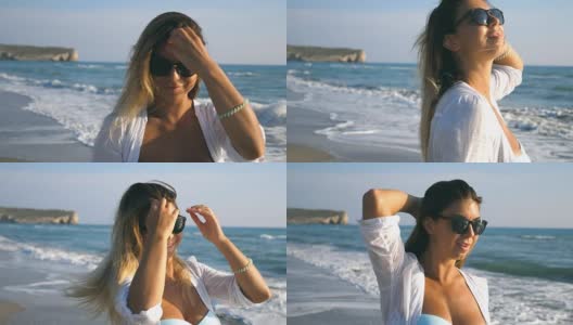 美丽的女孩戴着太阳镜，微笑着玩她的金发在海岸。晒黑的女性享受生活和在海边玩。暑假或假期的概念。慢镜头高清在线视频素材下载