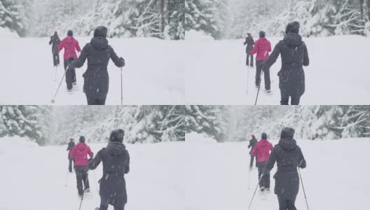 三个年轻姑娘在雪道上徒步旅行高清在线视频素材下载