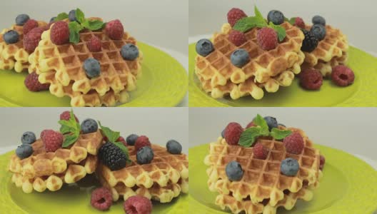 比利时华夫饼配蓝莓和覆盆子高清在线视频素材下载
