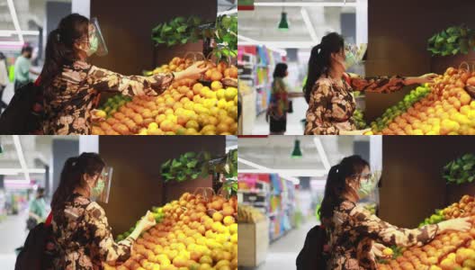 亚洲年轻女子戴着口罩在超市购物高清在线视频素材下载