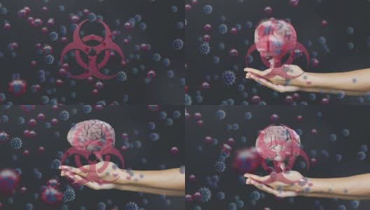 covid - 19细胞的动画与人类大脑旋转和生物危害标志在女性手上高清在线视频素材下载