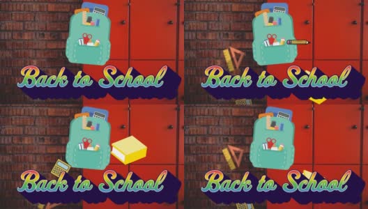 动画回到学校的文本和学校物品图标在学校储物柜高清在线视频素材下载