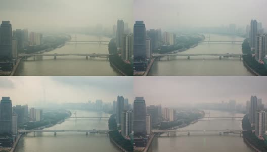 雾霾天时间流逝的河流在城市。高清在线视频素材下载