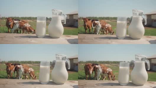 桌上放着一个玻璃杯和一罐牛奶，背景是正在吃草的奶牛高清在线视频素材下载