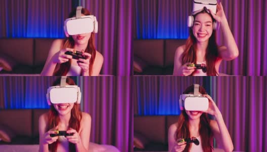 年轻的亚洲女性正在使用虚拟现实耳机。霓虹灯工作室肖像。虚拟现实、模拟、游戏和未来技术的概念。亚洲女人在卧室里玩游戏。高清在线视频素材下载